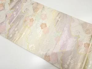 雲取りに斜め格子・草花模様織り出し　袋帯